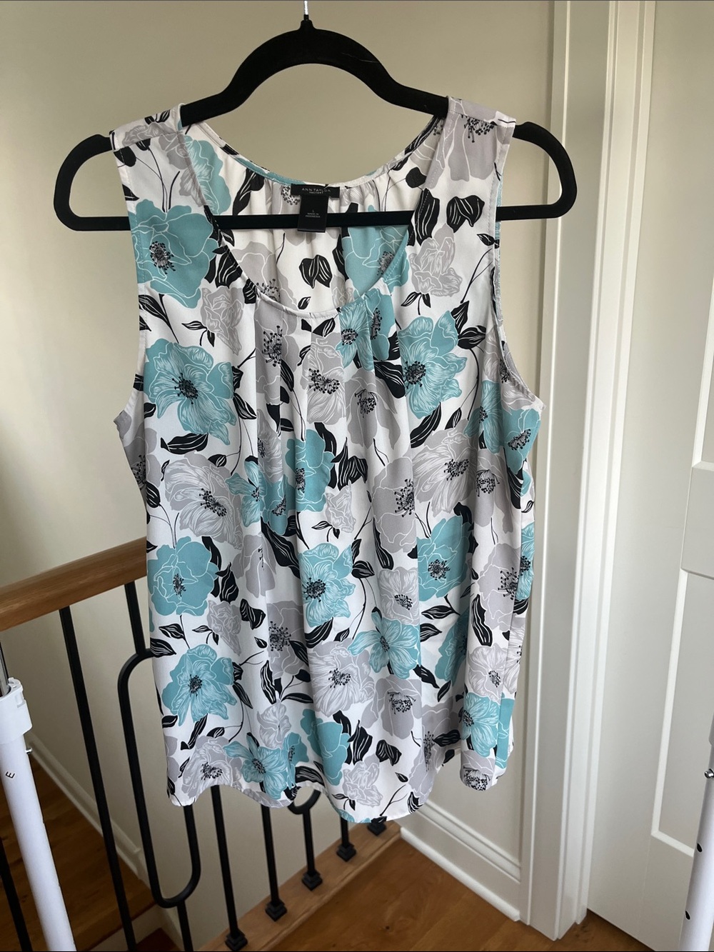 Ann Taylor White Tank Top with Aqua Floral Print